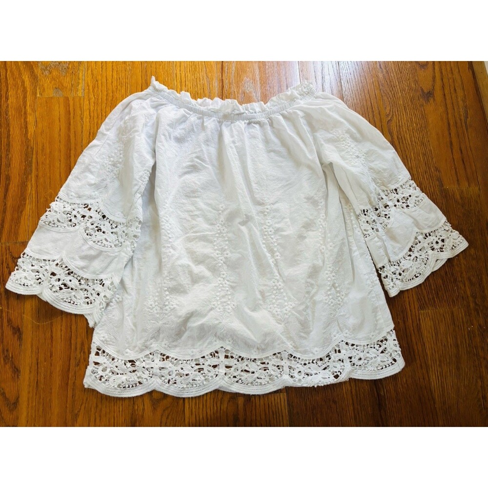 RD Style White Embroidered Peasant Blouse Womens S Crochet Lace Boho Top
